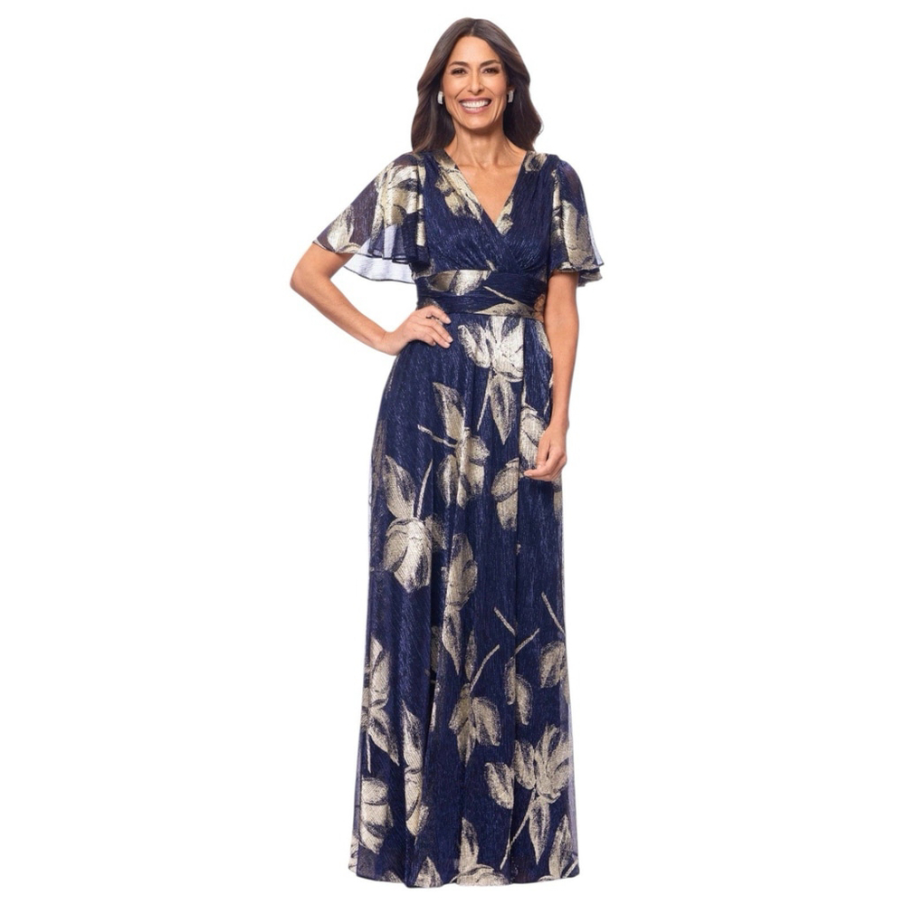 BETSY & ADAM Chloe Blue & Gold Metallic Foil Floral Dress Flutter Sleeve Size 4